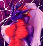 abstract_background anthro big_breasts breasts dragheti dragon fangs fantomu_(fantomartz) female frill_(anatomy) hair hands_behind hi_res horn long_hair multi_horn mythological_creature mythological_scalie mythology purple_hair scalie smile solo teeth wingless_dragon