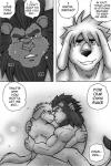 anthro biceps big_muscles canid canine canis comic dialogue domestic_dog duo english_text felid greyscale hi_res intimate lion male male/male mammal monochrome muscular muscular_male name_drop name_in_dialogue nipples pantherine ryuu_majin speech_bubble text