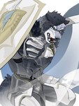 anthro armor blue_eyes fangs fur looking_at_viewer male open_mouth shield solo tail teeth dog23333 felid feline mammal 3:4 digital_drawing_(artwork) digital_media_(artwork) hi_res