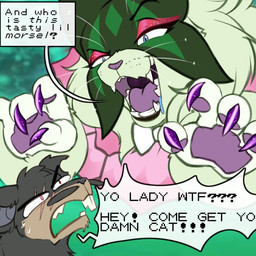 ambiguous_gender anthro blue_eyes bodily_fluids bow_tie buckteeth claws clipped_ear colored_nails dialogue dripping duo eyelashes eyeshadow fangs feral fur green_body green_fur green_hair grey_body grey_fur hair makeup nails open_mouth pawpads red_eyes saliva saliva_drip scar speech_bubble teeth text tongue whiskers cajunfoxnight nintendo pokemon porkchop_(bigteethyeen) zatanna_(cajunfoxnight) alolan_form alolan_rattata felid feline generation_7_pokemon generation_9_pokemon mammal meowscarada murid pokemon_(species) regional_form_(pokemon) rodent 1:1 2025 english_text