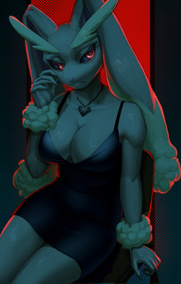 anthro big_breasts breasts chair claws cleavage clothed clothing female female_anthro fur furniture jewelry necklace red_background red_eyes simple_background sitting solo thick_thighs turquoise_background redch09_an nintendo pokemon generation_4_pokemon lopunny pokemon_(species) absurd_res halftone hi_res
