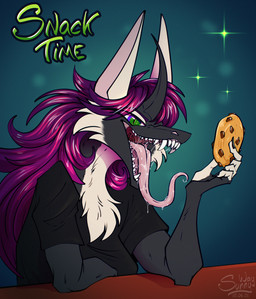 anthro bodily_fluids cookie eating equis_universe fangs female fluffy food fur horn kirinaes looking_at_viewer open_mouth saliva solo teeth tongue tongue_out vore wet sunny_way sunny_way_(character) ki'rinaes hi_res portrait