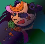 anthro baseball_cap braided_hair clothing electronics fur green_eyes hair hat headgear headwear looking_at_viewer male microphone one_eye_closed overweight purple_body purple_fur singing solo wink winking_at_viewer aotadobukitch lifewonders tokyo_afterschool_summoners alp_(tas) hi_res