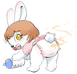 anthro baby_bottle barefoot black_nose blush brown_hair butt butt_focus clothing diaper dress eyelashes fart fart_fetish feces feet female frilly frilly_diaper fur hair implied_feces implied_scat leaning leaning_forward looking_at_viewer looking_back looking_back_at_viewer object_in_mouth pacifier pacifier_in_mouth pink_clothing pink_dress pink_pacifier rabbit_ears rear_view scut_tail short_tail simple_background solo stink_fumes tail toddler white_background white_body white_fur white_tail yellow_eyes young young_anthro young_female jubb lagomorph leporid mammal rabbit 2025 low_res