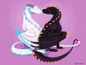 black_body blue_spikes duo eyes_closed feral grey_horn heart_symbol holidays horn male male/male orange_spikes romantic romantic_couple smile white_body wings jupizoro european_mythology mythology valentine's_day dragon mythological_creature mythological_scalie scalie western_dragon hi_res