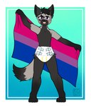 ageplay anthro bisexual_pride_colors black_body black_fur black_hair clothed clothing diaper dipstick_tail flag flag_(object) front_view fur grey_body grey_fur hair holding_flag holding_object infantilism lgbt_pride looking_at_viewer male markings open_mouth open_smile pride_colors purple_eyes roleplay short_hair simple_background smile solo standing star_(marking) tail tail_markings wearing_diaper riddlr canid canine mammal full-length_portrait hi_res portrait