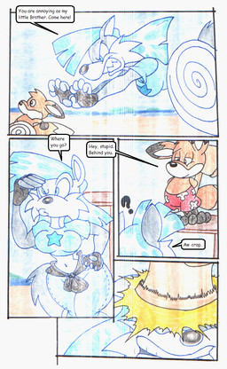 anthro beach blue_clothing blue_hair blue_shirt blue_topwear clothing duo female hair outside shirt speech_bubble text topwear virus-20 wendy_wolf_(virus-20) canid canine canis fox mammal wolf 2011 comic traditional_media_(artwork)