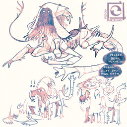 6_limbs ambiguous_gender biped dot_eyes duo exclamation_point falling female feral humor logo lying on_front parasite simple_eyes solo spiral spiral_eyes text m0r1bund corru.observer alien humanoid obesk zuzucri 1:1 2025 artist_logo digital_drawing_(artwork) digital_media_(artwork) english_text hi_res multiple_images restricted_palette signature