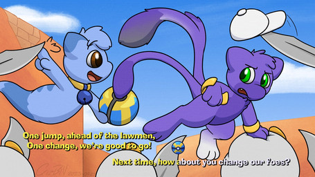 2_tails ambiguous_gender blue_body blue_sky brick_wall brown_eyes clothing cloud collar dipstick_ears duo ear_markings eye_contact feral gold_(metal) gold_collar golden_rings green_eyes hat head_tuft headgear headwear looking_at_another lyrics melee_weapon metal_collar multi_tail multicolored_ears open_mouth pokeball purple_body quick_ball scimitar sing-along sky sword tail text transformation tuft wall_(structure) weapon white_cap white_clothing white_hat white_headwear crizbn nintendo pokemon chris_(crizbn) generation_1_pokemon genie legendary_pokemon mew_(pokemon) pokemon_(species) shiny_pokemon 16:9 2025 english_text hi_res signature widescreen nonbinary_(lore)