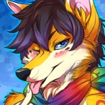 anthro blue_background blush clothing face_focus fur kerchief licking looking_at_viewer male multicolored_clothing multicolored_kerchief one_eye_closed rainbow rainbow_clothing rainbow_kerchief simple_background smile smiling_at_viewer solo super_gay tongue tongue_out wink dagger_leonelli canid canine fox mammal 1:1 2013 low_res portrait