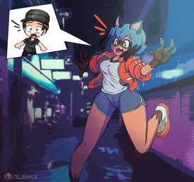 4_fingers after_transformation anthro blue_eyes blue_hair bottomwear brown_body clothing female fingers hair jacket on_one_leg open_mouth photo_background shirt shorts solo standing surprised topwear slemka brand_new_animal studio_trigger michiru_kagemori canid canine human mammal raccoon_dog tanuki 2020 absurd_res hi_res photography_(artwork)