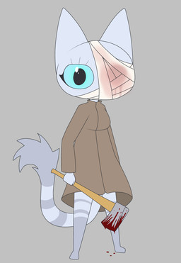 1_eye anthro axe bandage bandaged_head blood blood_on_object blood_on_weapon blue_eyes bodily_fluids brown_clothing clothed clothing coat female fur grey_background holding_object holding_weapon looking_at_viewer markings simple_background solo standing striped_markings striped_tail stripes tail tail_markings topwear weapon white_body wounded gooblie_2 domestic_cat felid feline felis mammal absurd_res hi_res