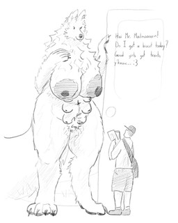 anthro big_breasts breasts delivery_(commerce) delivery_employee dialogue door doorway duo female male multi_breast nipples nude postal_carrier postal_delivery public public_exposure size_difference unknown_artist canid canine canis human mammal wolf hi_res monochrome sketch