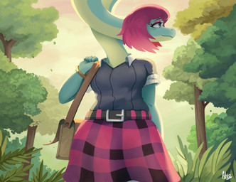 anthro belt biped black_clothing black_sweater black_topwear blue_eyes bottomwear breasts clothed clothed_anthro clothed_female clothing day detailed_background female fingers front_view green_body hair holding_purse humanoid_hands leaf long_neck looking_aside medium_breasts medium_hair non-mammal_breasts outside pattern_bottomwear pattern_clothing pattern_skirt pink_hair plaid plaid_bottomwear plaid_clothing plaid_skirt plant skirt sky smile solo standing sweater text topwear tree windowpane_plaid wristband ok-nobody-3893 cavemanon_studios i_wani_hug_that_gator liz_farlane brachiosaurid brachiosaurus dinosaur macronarian prehistoric_species reptile saurischian sauropod sauropodomorph scalie 2025 artist_name colored portrait three-quarter_portrait