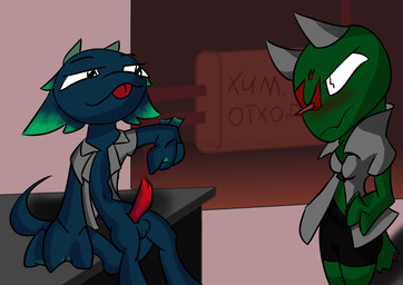 anthro aroused balls blush bodily_fluids bottomwear clothing coat duo erection female fin genital_fluids genitals gesture hand_gesture horn lab_coat male male/female penis pointing seductive shorts suggestive tail topwear vaginal_fluids tofuthelizard boku_(tofuthelizard) lucia_(tofuthelizard) amphibian lizard newt reptile salamander scalie hi_res