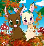 anthro autumn blush brown_body brown_fur chest_tuft clover_(plant) duo eyelashes female fungus fur green_eyes heart_symbol leaf male mushroom plant purple_eyes shamrock short_fur smile tuft white_body white_fur unknown_artist happy_happy_clover pixiv sayuri_tatsuyama clover_(happy_happy_clover) kale_(happy_happy_clover) lagomorph leporid mammal rabbit low_res