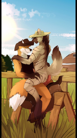anal anal_penetration animal_genitalia animal_penis anthro balls bent_arm bent_legs biceps big_penis black_body black_fur black_hair black_nose bodily_fluids bottomless brown_body brown_eyes brown_fur canine_genitalia canine_penis claws clenched_teeth clothed clothing cloud cowboy_hat cum duo erection fangs farm fluffy fluffy_tail from_front_position fur genital_fluids genitals green_eyes grey_body grey_fur grin hair hand_on_another's_shoulder hand_on_leg hand_on_shoulder hand_on_thigh hat headgear headwear hug knot leg_grab male male/male male_on_bottom male_on_top male_penetrated male_penetrating male_penetrating_male markings mastery_position muscular nude on_bottom on_top orange_body orange_fur outside penetration penis saddle sex sheath shirt shoulder_grab sitting sky smile straddling stripes tail tank_top teeth thigh_grab toe_claws topwear vein vest white_body white_fur no_swift telford aardwolf canid canine fox hyena mammal hi_res