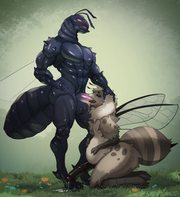 abs animal_genitalia animal_penis antennae_(anatomy) anthro balls equine_genitalia equine_penis fellatio genitals inflation male male/male muscular muscular_anthro muscular_male oral penile penis red_eyes sex standing wings wienermozart arthropod bee hymenopteran insect digital_media_(artwork) hi_res
