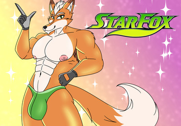 abs anthro armpit_hair barazoku body_hair bulge clothing fox_tail gloves green_eyes handwear male muscular muscular_anthro muscular_male nipples pecs solo tail text underwear intaneloid nintendo star_fox fox_mccloud canid canine fox mammal red_fox true_fox absurd_res english_text hi_res
