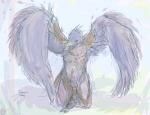 animal_genitalia anthro balls beak bodily_fluids clothing cum erection feathered_wings feathers feet genital_fluids genitals looking_at_viewer male open_mouth penis simple_background solo talons toes wings feathers_(artist) league_of_legends riot_games tencent valor_(lol) accipitrid accipitriform avian bird eagle digital_media_(artwork) hi_res sketch watermark