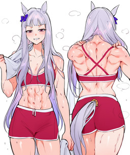 abs accessory after_exercise athletic athletic_female athletic_humanoid back_muscles bodily_fluids bottomwear bow_ribbon bra breasts butt clothing duo excessive_sweat female female_humanoid furgonomic_pants glistening_abs glistening_thighs grey_hair grin grinning_at_viewer hair hair_accessory hair_bow hair_ribbon horse_tail long_hair looking_at_viewer midriff muscular muscular_female muscular_humanoid navel obliques purple_eyes red_bottomwear red_bra red_clothing red_shorts red_underwear ribbons shirtless shirtless_female shirtless_humanoid shorts simple_background small_breasts smile smiling_at_viewer sports_bra sweat sweaty_abs sweaty_body sweaty_legs sweaty_skin sweaty_thighs tail towel towel_around_neck underwear white_background qiandaiyiyu cygames uma_musume_pretty_derby gold_ship_(pretty_derby) animal_humanoid equid equid_humanoid equine equine_humanoid horse_humanoid humanoid mammal mammal_humanoid absurd_res digital_drawing_(artwork) digital_media_(artwork) hi_res