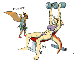 anthro blonde_hair bodily_fluids clothed clothing dumbbell duo exercise female grey_body hair male multicolored_body muscular navel scar sweat two_tone_body weightlifting weights white_body wing_boner wings workout heartsick cavemanon_studios goodbye_volcano_high i_wani_hug_that_gator ko_op_(game_developer) snoot_game mia_moretti naser_(gvh) dinosaur hadrosaurid ornithischian ornithopod parasaurolophus prehistoric_species pterodactylus pterosaur reptile scalie