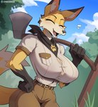 anthro axe big_breasts biped black_body black_fur blush breasts button_(fastener) clothed clothing detailed_background eyelashes fangs female fully_clothed fur hand_on_hip holding_axe holding_object huge_breasts open_mouth open_smile smile solo straining_buttons tan_body tan_fur teeth yellow_body yellow_fur cooliehigh firesmartcanada ember_the_firesmart_fox canid canine fox mammal 2024 hi_res