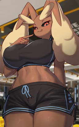 anthro athletic_wear big_breasts blush bodily_fluids bottomwear bra breasts brown_body brown_fur clothed clothing dolphin_shorts female fur gym gym_bottomwear gym_shorts huge_breasts inside light_blush looking_at_viewer orange_eyes red_eyes shorts solo sports_bra sweat thick_thighs tongue tongue_out topwear underwear tp10 nintendo pokemon generation_4_pokemon lagomorph lopunny mammal pokemon_(species) digital_media_(artwork) hi_res