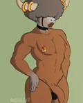 2022 4:5 abbirabbit afro anthro bouffalant brown_body butt choker clothing collar digital_media_(artwork) flaccid generation_5_pokemon genitals girly hand_on_hip hi_res horn jewelry lips male mostly_nude muscular muscular_girly muscular_male necklace nintendo nipple_piercing nipples one_eye_obstructed penis piercing pokemon pokemon_(species) puffy_lips simple_background solo standing thick_lips thong underwear