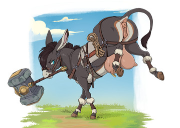 animal_genitalia animal_vulva anus big_teats black_hair blue_eyes bridle bucking equine_anus equine_genitalia equine_vulva female feral furgonomic_piercing furgonomics genitals hair hammer harness holding_object holding_weapon hooves long_ears maul motion_lines object_in_mouth outside piercing puffy_anus raised_tail rope sky solo tail tail_anus teat_piercing teats tools vulva weapon weapon_in_mouth shebeast jasmine_the_battle_donkey_(perpetuate303) asinus donkey equid equine mammal absurd_res hi_res