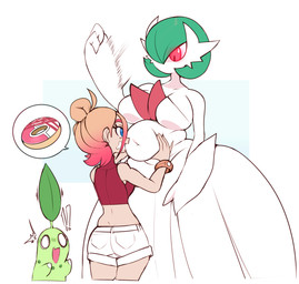 belly blue_eyes breasts butt clothing dress female green_body green_hair group hair overweight red_eyes speech_bubble trio white_body white_clothing white_dress dwps nintendo pokemon chikorita generation_2_pokemon generation_6_pokemon human mammal mega_evolution mega_gardevoir pokemon_(species) 2026 hi_res