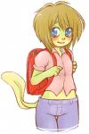 anthro backpack biped blue_eyes blush brown_hair clothed clothing female green_body green_skin hair randoseru solo standing young young_anthro young_female frogela_(artist) frogela amphibian frog tadpole