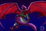 2020 absurd_res anthro black_sclera blue_background bottomwear clothed clothing dated dragon dragonwithgames flying fully_clothed fur furgonomics furry_tail glo hi_res hood jacket logo looking_at_viewer looking_back looking_back_at_viewer male membrane_(anatomy) membranous_wings multicolored_body mythological_creature mythological_scalie mythology night outline pants pawpads pupils purple_body purple_fur red_membrane red_pawpads red_pupils red_wings scalie shirt signature simple_background sky solo tail tapering_tail topwear two_tone_body wings