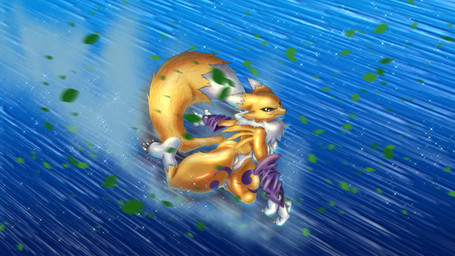 abstract_background action_pose angry anthro armwear black_sclera blue_background blue_eyes border clothing countershading dipstick_tail facial_markings female fur head_markings leaf looking_at_viewer markings midair muscular muscular_anthro muscular_legs neck_tuft pose purple_armwear purple_clothing simple_background solo speed_lines tail tail_markings tuft white_body white_border white_countershading yellow_body yellow_fur alcoholictails bandai_namco digimon digimon_(species) renamon 16:9 absurd_res hi_res huge_filesize widescreen