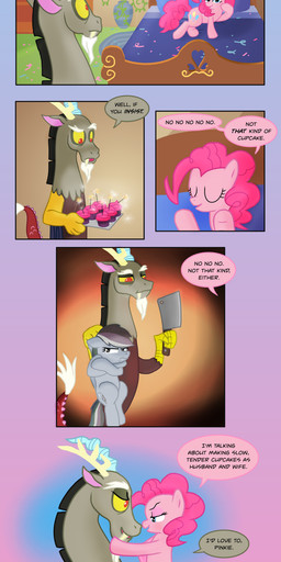 bed bed_sheet bedding clothing cupcake dialogue dress eyelashes female feral food furniture hair husband_and_wife larger_male male male/female married_couple pillow pink_body pink_hair pupils quadruped seductive size_difference smaller_female smile speech_bubble stairs tail text wedding_dress sorc cupcakes_(mlp_fanfic) friendship_is_magic hasbro my_little_pony discord_(mlp) pinkie_pie_(mlp) rainbow_dash_(mlp) chimera draconequus equid equine horse mammal pony 2011 absurd_res comic english_text hi_res url