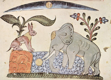 1354 brown_body brown_fur duo feral fur grey_body grey_skin illuminated_manuscript long_ears male moon outside partially_submerged plant pond royalty sitting standing_in_water tail tusks water unknown_artist kalila_wa_dimna the_elephant_king_(kalila_wa_dimna) elephant elephantid hare lagomorph leporid mammal proboscidean 14th_century ancient_art english_description hi_res traditional_media_(artwork)