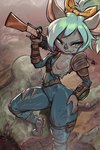 2023 2:3 action_pose anthro bat bethesda_softworks blue_eyes breasts clothing fallout female fur gore green_hair grey_body grey_fur hair holding_object holding_weapon mammal nipples pip-boy pose small_breasts solo thefuckingdevil torn_clothing vault_suit weapon