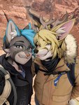 anthro antlers backpack black_clothing black_nose blonde_hair blue_hair brown_clothing button_(fastener) canyon clothing coat detailed_background duo eyebrows eyewear fluffy fluffy_ears fur glasses grey_body grey_fur hair horn jacket looking_at_viewer paintover pink_nose pockets prick_ears real realistic_lighting realistic_shading rectangular_glasses river rock scarf shirt smile snout straps teeth topwear velcro white_body white_fur zipper peachygho third-party_edit siaetto verlet_(blurfire) deer domestic_cat felid feline felis mammal new_world_deer reindeer 2023 3:4 draw_over hi_res photo_manipulation photomorph