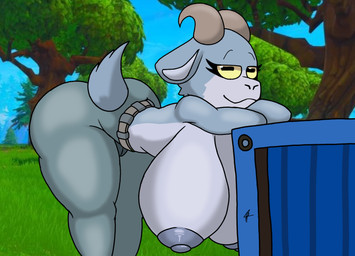 anthro areola belt bent_over bent_over_crate bent_over_surface bent_over_with_legs_held_straight big_areola big_breasts big_butt big_nipples blue_body blue_fur bottomwear breasts butt camel_toe clothed clothing container crate denim denim_bottomwear denim_clothing eyelashes female forest fur grass grey_body grey_fur horizontal_pupils horn huge_breasts jeans looking_at_viewer multicolored_body multicolored_fur nipples outside pants plant pupils scut_tail short_tail sky solo tail topless tree two_tone_body two_tone_fur yellow_eyes amigos_multiversos coffee_stain_studios epic_games fortnite goat_simulator pilgor_(goat_simulator) bovid caprine goat mammal 2025 hi_res signature