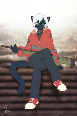 anthro bottomwear clothed clothing collar eyewear glasses gun hoodie male pants ranged_weapon rifle sniper_rifle solo topwear weapon nariikhan domestic_cat felid feline felis mammal hi_res
