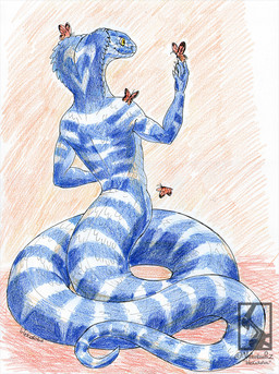 anthro apode blue_body coiling insect_wings legless male markings nude nude_anthro nude_male scales serpentine simple_background smile snake_hood solo white_markings wings yellow_eyes valentinapaz ophius_(bahumot) arthropod butterfly cobra draconcopode insect lepidopteran naga reptile scalie snake hi_res