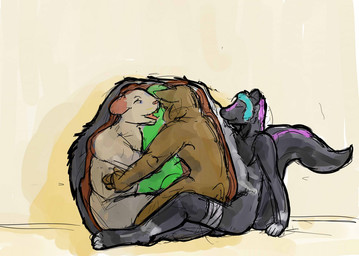 anthro anthro_pred belly big_belly black_body black_fur blue_hair brown_body brown_fur eyes_closed fur green_body group hair huge_belly hyper hyper_belly inside_stomach internal male male/male male_pred male_prey multiple_prey nude_pred nude_prey open_mouth purple_body purple_fur same_size_vore simple_background sitting skunk_tail smile tongue vore white_body white_fur yellow_background jeri_kleinlowe mammal mephitid mouse murid murine rodent scalie skunk 2012 colored guide_lines