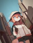 ambiguous_gender anthro backpack blue_eyes bottomwear city cityscape clothing dutch_angle fur hoodie jacket kemono orange_body orange_fur perspective shorts solo street topwear urban walking young young_ambiguous young_anthro crayon_(artist) canid canine fox mammal hi_res