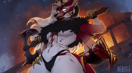 5_fingers anthro biped blood bodily_fluids breasts clothed clothed_anthro clothed_female clothing facial_piercing female fingers fire front_view fur hair holding_object holding_weapon horn multi_arm multi_limb navel nose_piercing outside panties piercing red_body red_fur red_tail smile snow snowing solo standing tail teeth underwear weapon white_body white_fur nelly63 othala_(shadowwolf926) canid canine mammal 2025 digital_drawing_(artwork) digital_media_(artwork) hi_res