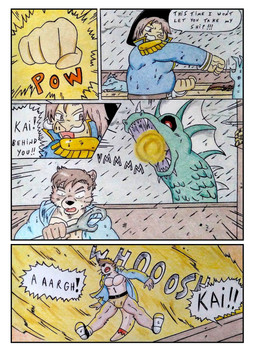 anthro attack barazoku black_nose black_sclera border bottomwear brown_body brown_eyes brown_fur brown_hair bulge charging clothed clothing comic_panel dialogue energy energy_beam fight fur glowing glowing_eyes hair hat headgear headwear holding_object holding_staff knocked_down magic magic_user male manly markings multicolored_body multicolored_fur musclegut muscular muscular_anthro muscular_male onomatopoeia open_mouth pecs punch raining screaming sharp_teeth ship sound_effects speech_bubble staff storm tail tail_markings teal_body teeth text thick_tail topwear unconscious underwear vehicle watercraft wet white_border dashthefox mythology kai_(dash_fox) aquatic aquatic_dragon dragon mammal mustelid mythological_creature mythological_scalie otter scalie suid suine sus_(pig) wild_boar comic english_text hi_res traditional_media_(artwork)