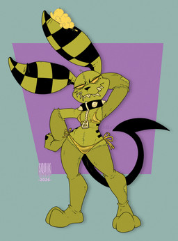 anthro bikini biped black_nose breasts clothed clothing collar female gold_bikini hand_behind_head plantigrade plush_stuffing plushie pose sharp_teeth simple_background small_breasts snaggle_teeth solo spiked_collar spikes swimwear tan_body teeth two-piece_swimsuit lil'_shock golden_week animate_inanimate lagomorph leporid living_plushie mammal rabbit 2026