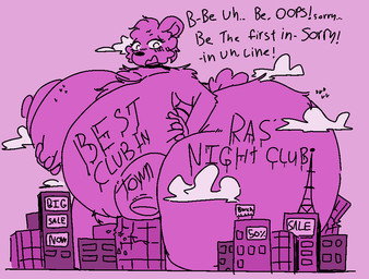 advertisement anthro big_breasts big_butt billboard bodypaint breast_grab breasts building building_destruction butt city cloud crossgender destruction dialogue embarrassed female hand_on_breast huge_breasts huge_butt hyper hyper_breasts hyper_butt macro nipples solo text hornyaxolotl albert_(hornyaxolotl) english_text