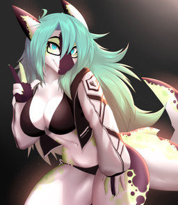 5_fingers anthro bikini blue_eyes breasts clothed clothing female fin fingers gesture green_hair hair hand_gesture horn jacket looking_at_viewer non-mammal_breasts smile solo standing swimwear topwear two-piece_swimsuit v_sign xaenyth aquatic fish shark 2020 absurd_res digital_media_(artwork) hi_res