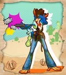 ambiguous_gender anthro beak blue_body blue_feathers bottomwear cactus chest_tuft clothing costume cowboy_hat cowboy_outfit denim denim_bottomwear denim_clothing feathers feet gun hat headgear headwear holster jeans long_legs pants plant ranged_weapon shooting solo sound_effects standing stylized talons text toes tuft weapon wild_west yellow_beak orange_tubuan nintendo pokemon avian bramblin generation_9_pokemon pokemon_(species) quaquaval 2023 absurd_res english_text hi_res