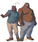 anthro belly big_belly bottomwear brown_body clothed clothing duo feet fur looking_up male moobs open_mouth overweight overweight_anthro overweight_male pants partially_clothed paws scar shirt simple_background smile text topwear chuchowriggle arches_(game) echo_(game) echo_(series) echo_project arturo_herrera brian_dubois bear felid feline jaguarundi mammal 2022 absurd_res digital_media_(artwork) english_text hi_res